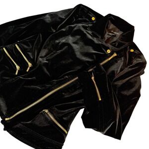 INC International Concepts Black Velvet Moto Jacket Gold Zippers Large Bikercore